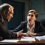 **

`A frustrated business owner arguing with a stern-looking government official across a desk in a dimly lit office. Papers are scattered everywhere. Focus on the tension and power imbalance. Dramatic lighting, realistic style. Russian bureaucratic setting.`

**