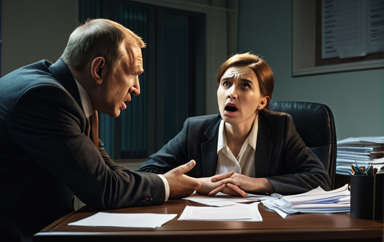 **
`A frustrated business owner arguing with a stern-looking government official across a desk in a dimly lit office. Papers are scattered everywhere. Focus on the tension and power imbalance. Dramatic lighting, realistic style. Russian bureaucratic setting.`
**