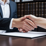 **A lawyer shaking hands with a client over a contract. The contract should be subtly highlighted with a faint glow, symbolizing transparency and trust. The background should be a modern, minimalist office with law books and a computer displaying AI code.**