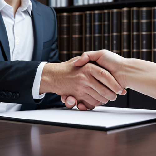 Home 14 **A lawyer shaking hands with a client over a contract. The contract should be subtly highlighted with a faint glow, symbolizing transparency and trust. The background should be a modern, minimalist office with law books and a computer displaying AI code.**