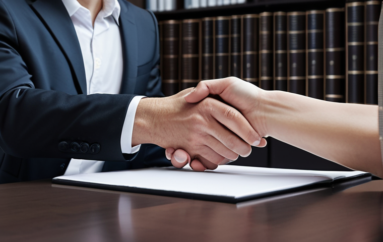 **A lawyer shaking hands with a client over a contract. The contract should be subtly highlighted with a faint glow, symbolizing transparency and trust. The background should be a modern, minimalist office with law books and a computer displaying AI code.**